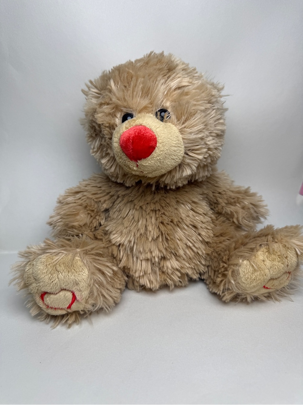 Vintage Caltoy Tan Shaggy Teddy Bear Red Nose Heart Paws 11" Plush